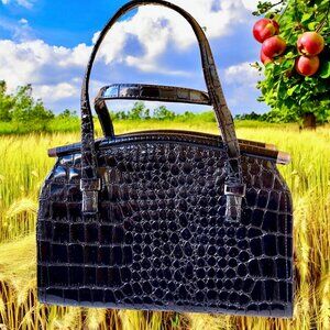 Granada USA Vintage 50's Black Patent Leather Handbag CROC PRINT *flaw